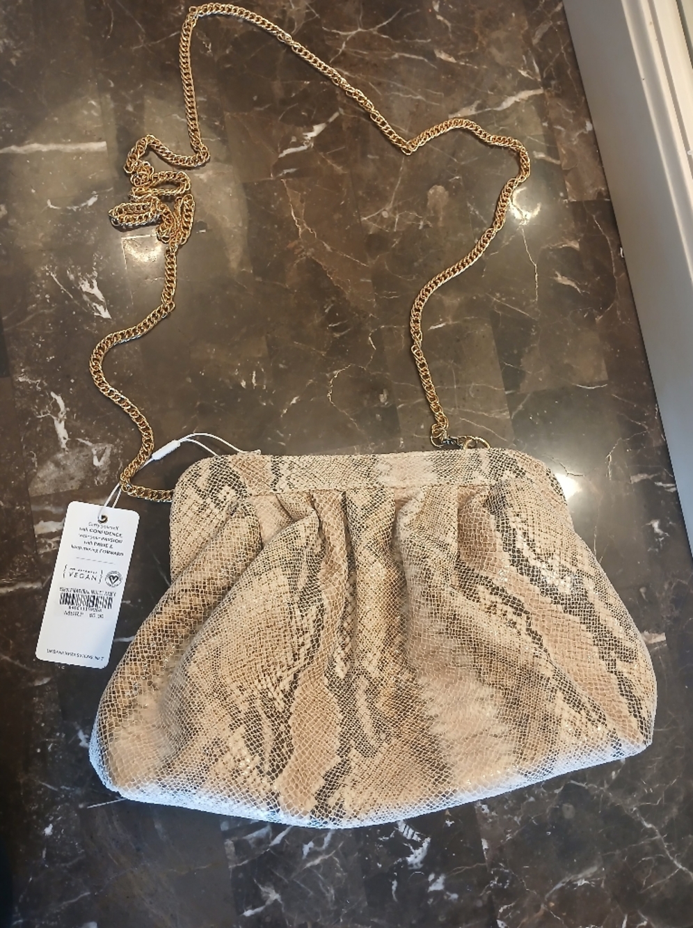Urban Expressions Vegan Snake-Print Crossbody in Beige and Black with Gold Chain - Picture 8 of 14